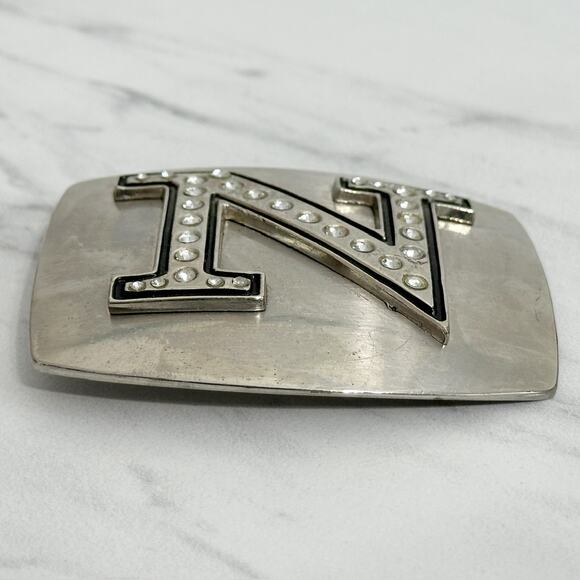 Rhinestone Studded N Letter Initial Monogram Silver Tone Belt Buckle - Picture 4 of 14
